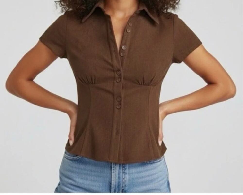 Princess Polly Brown Cottlesloe Cord Top 2 NWOT Dark Brown Button Front Blouse